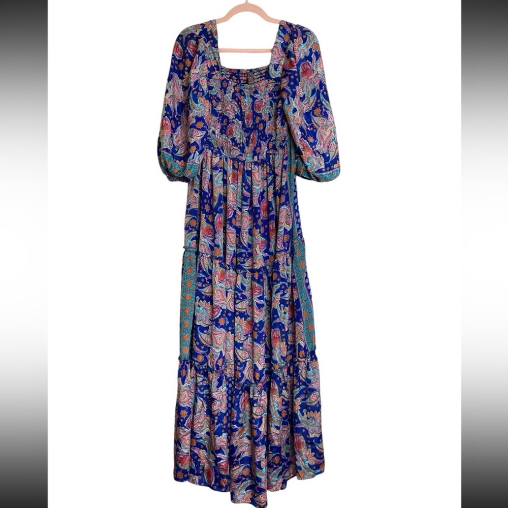 ME 2 MAGIC Anthropologie Bohemian Smocked Maxi Tiered Dress Large Balloon Sleeve - Picture 4 of 8